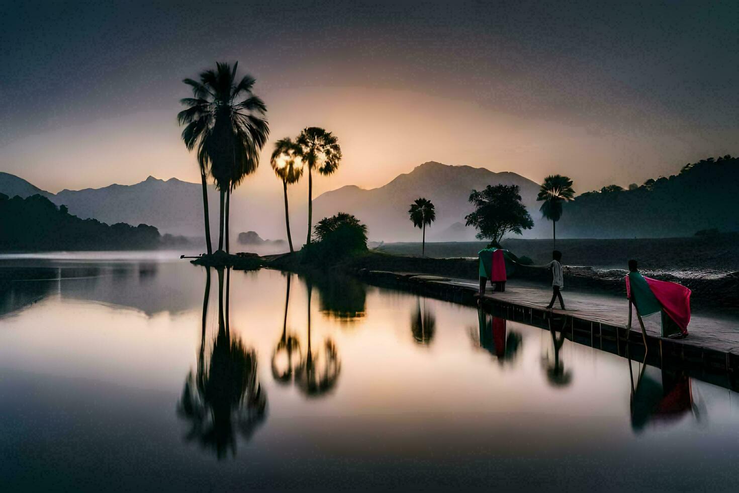 de zon stijgt over- palm bomen en bergen in de achtergrond. ai-gegenereerd foto