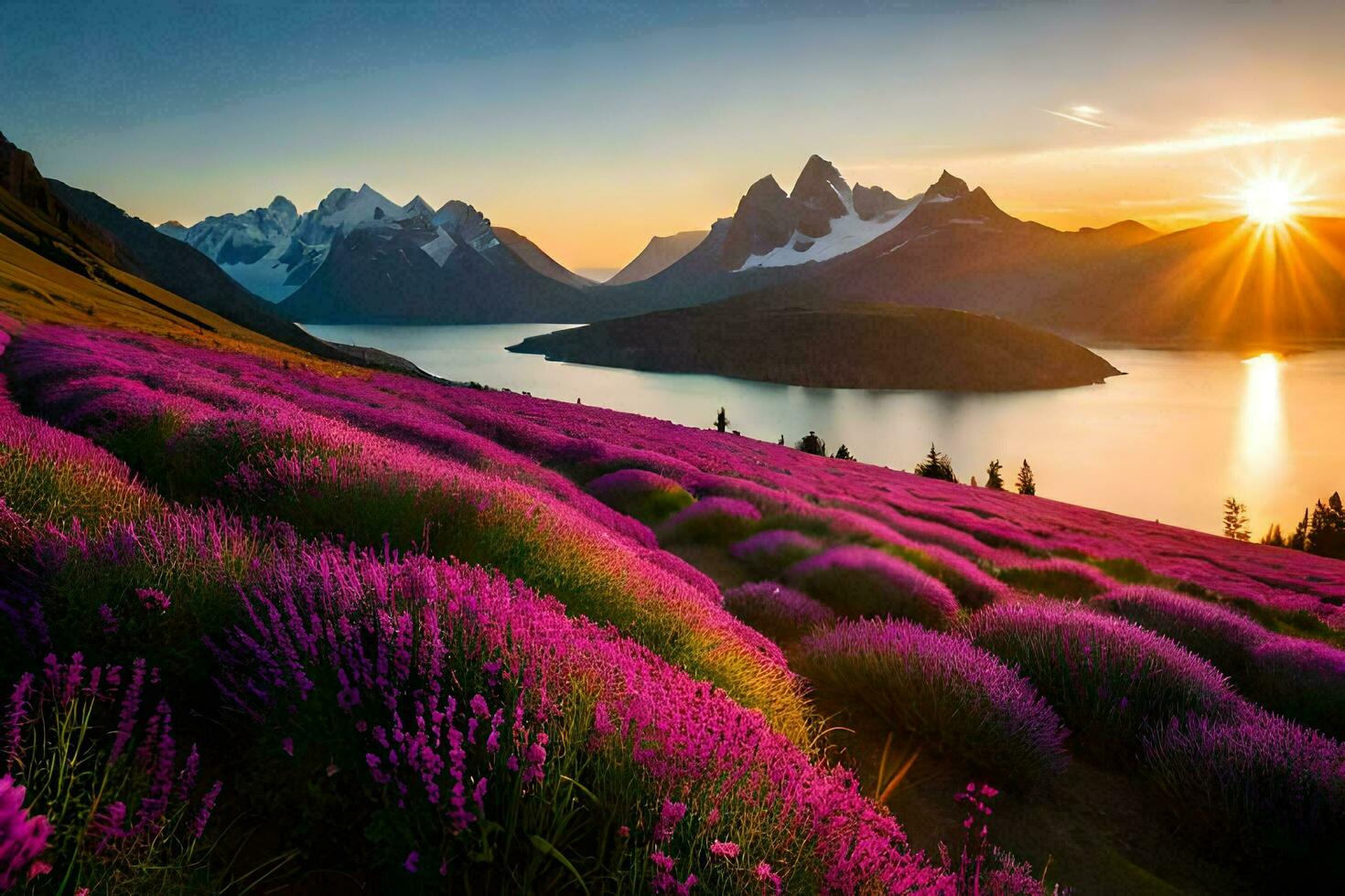 de zon stijgt over- een meer en lavendel velden in de achtergrond. ai-gegenereerd foto