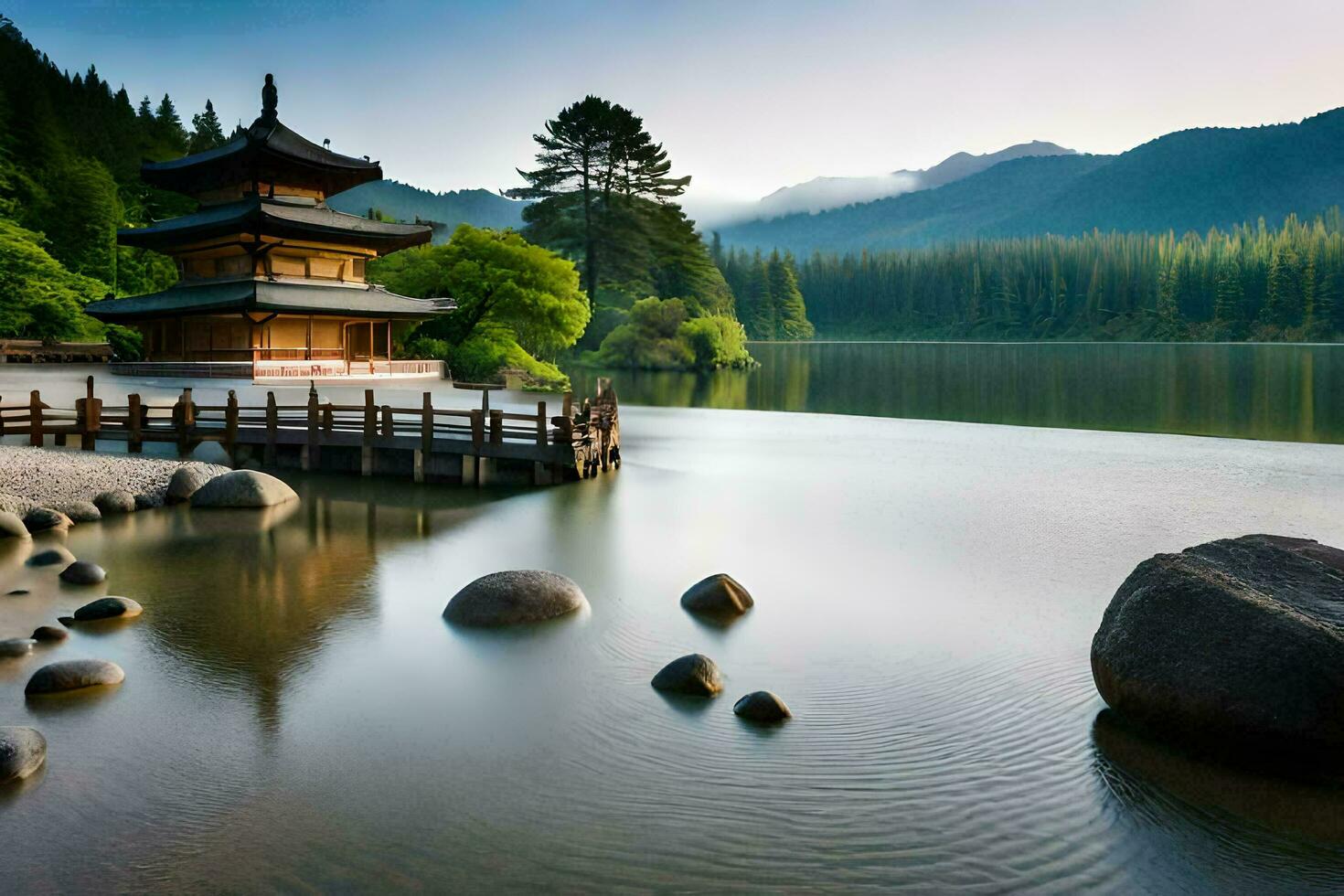 een pagode zit Aan de kust van een meer. ai-gegenereerd foto