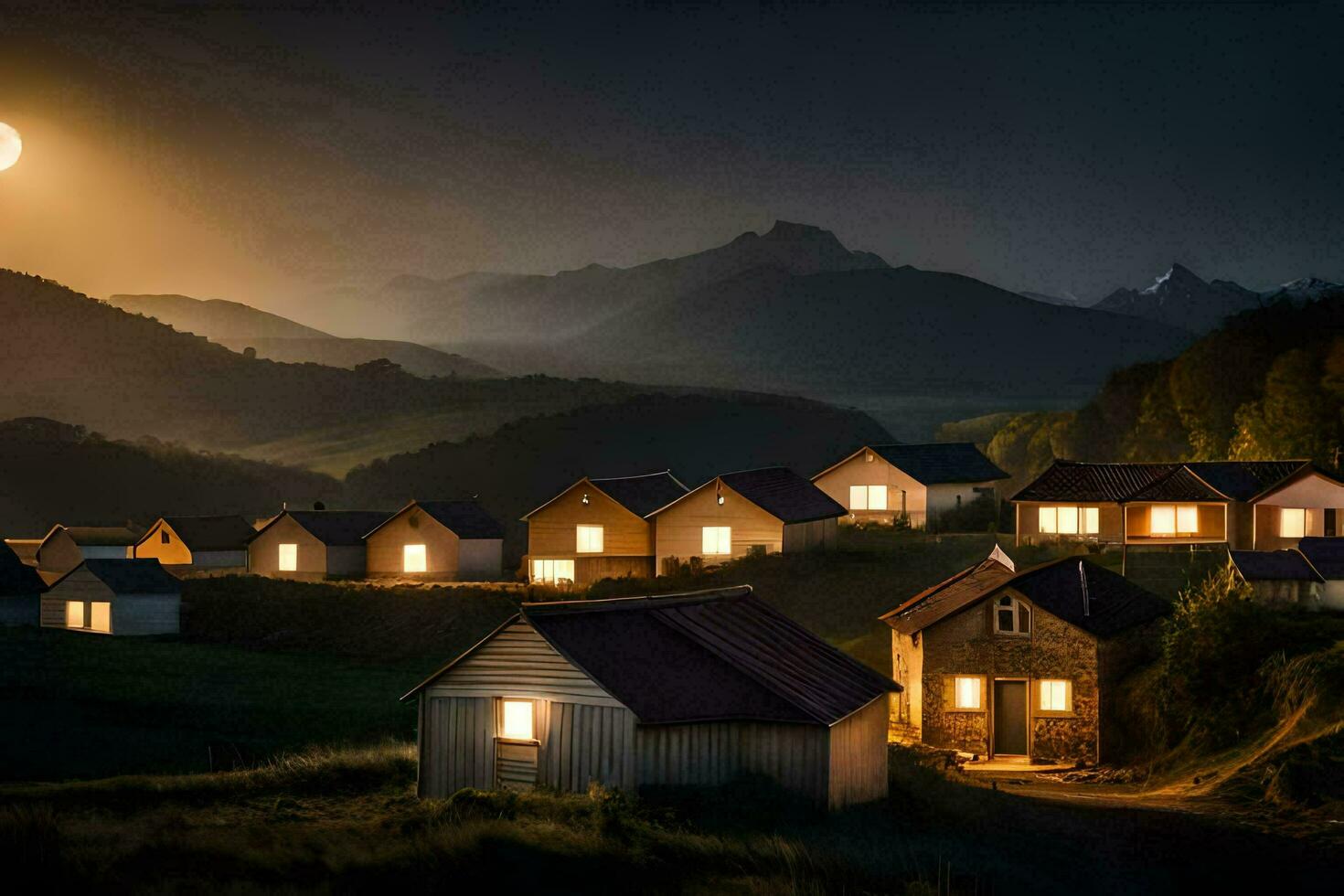 een vol maan schijnt over- een dorp Bij nacht. ai-gegenereerd foto