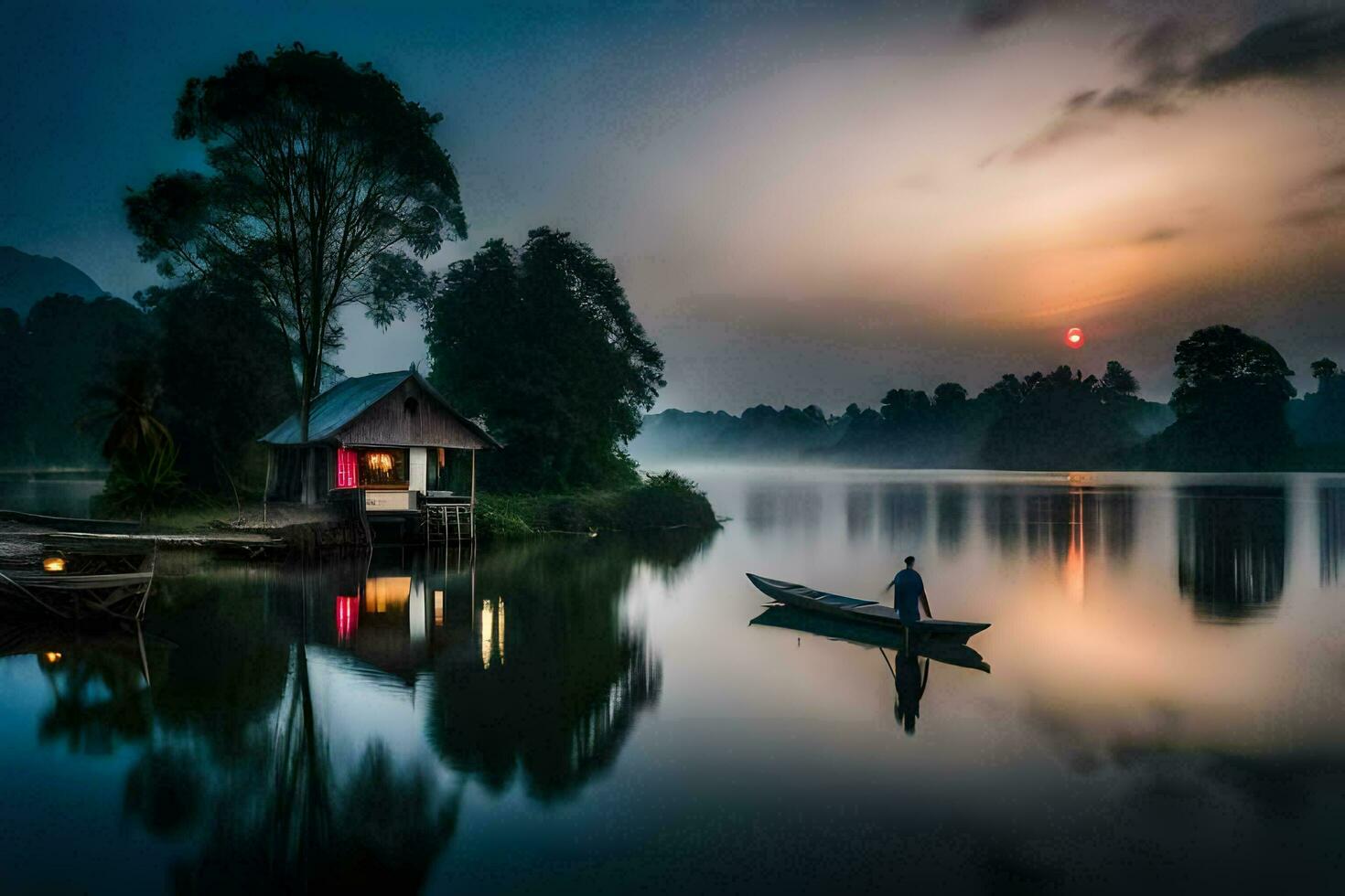 een Mens in een boot Aan de meer Bij zonsondergang. ai-gegenereerd foto