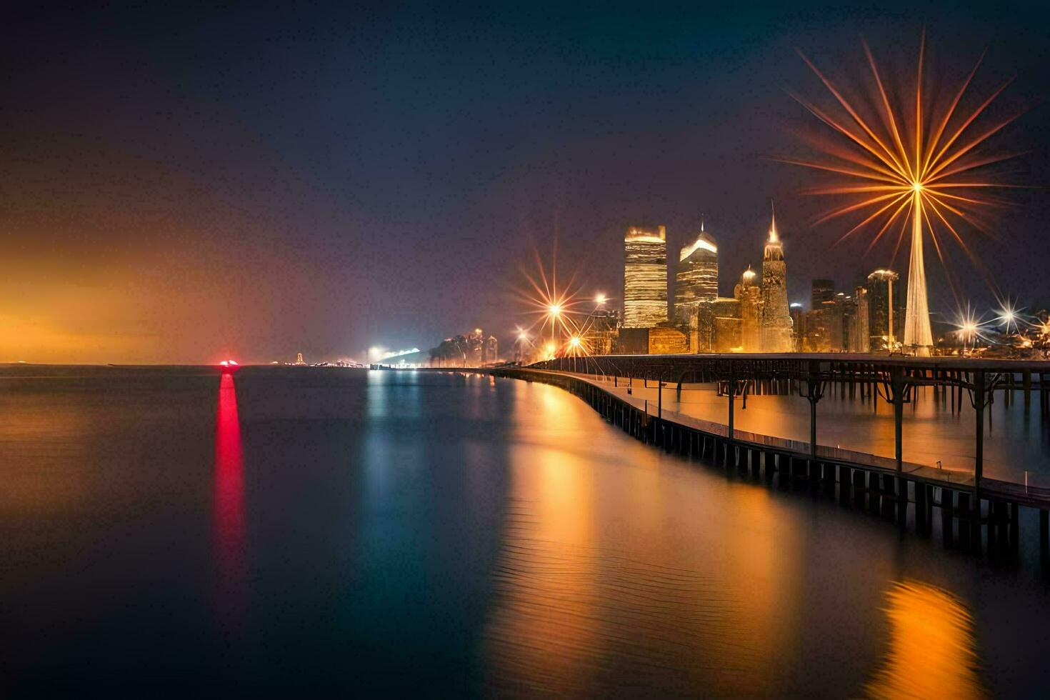 een lang blootstelling foto van de stad horizon Bij nacht. ai-gegenereerd