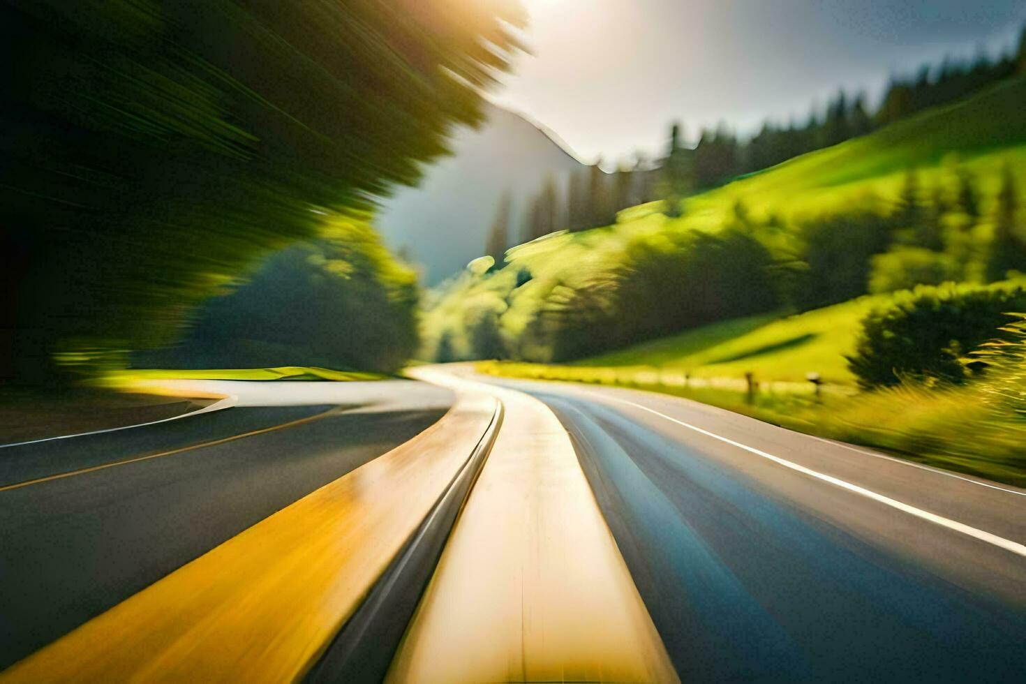 een wazig beeld van een weg met een auto het rijden Aan het. ai-gegenereerd foto