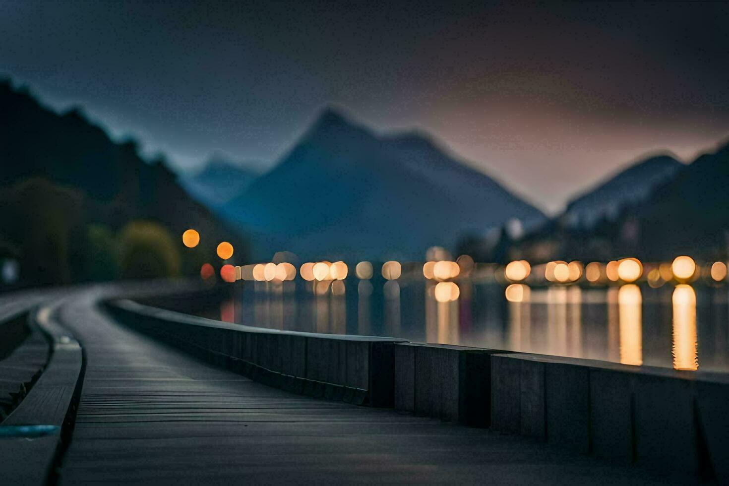 een lang houten promenade Leidt naar een meer en bergen. ai-gegenereerd foto