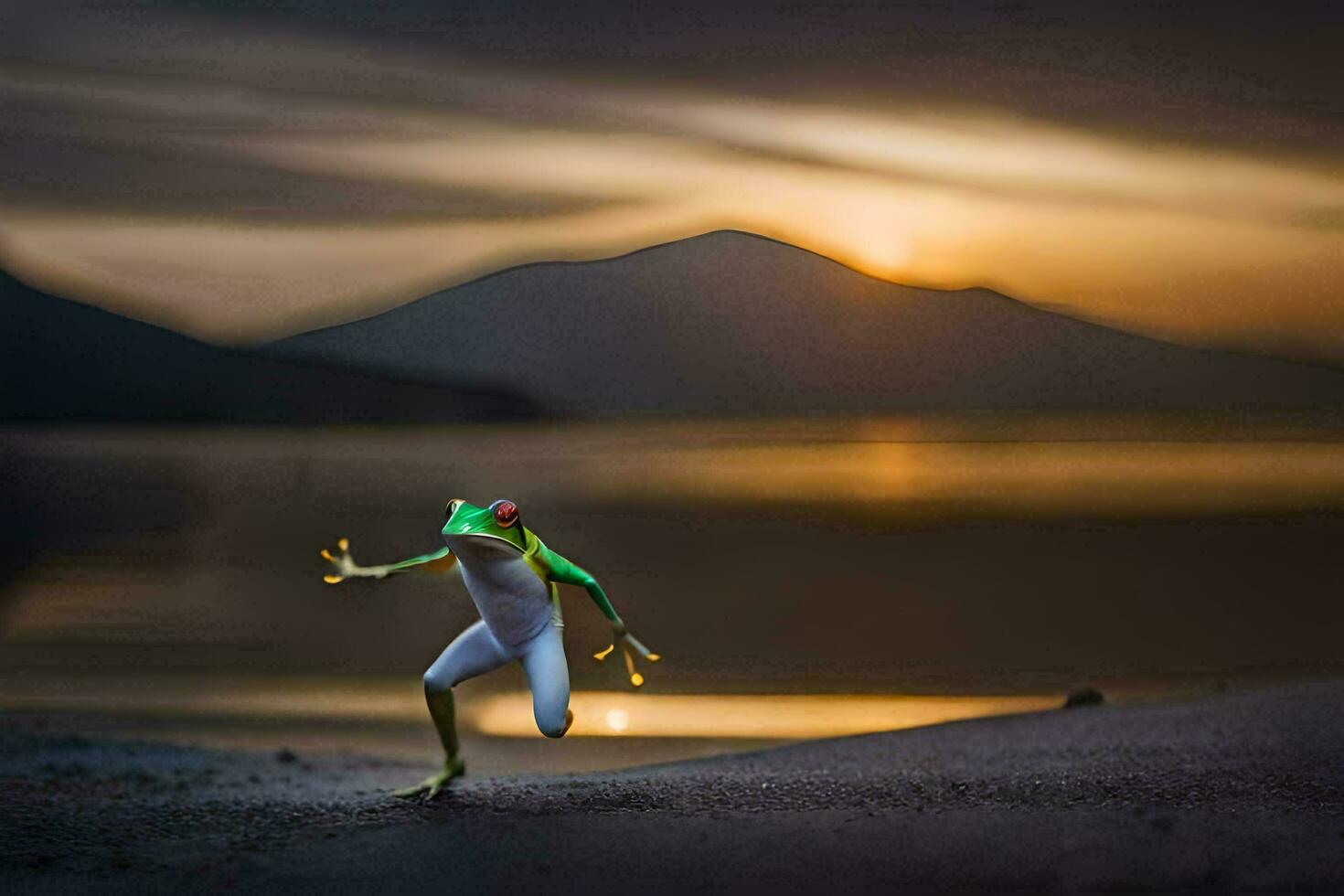 een kikker is rennen Aan de strand Bij zonsondergang. ai-gegenereerd foto