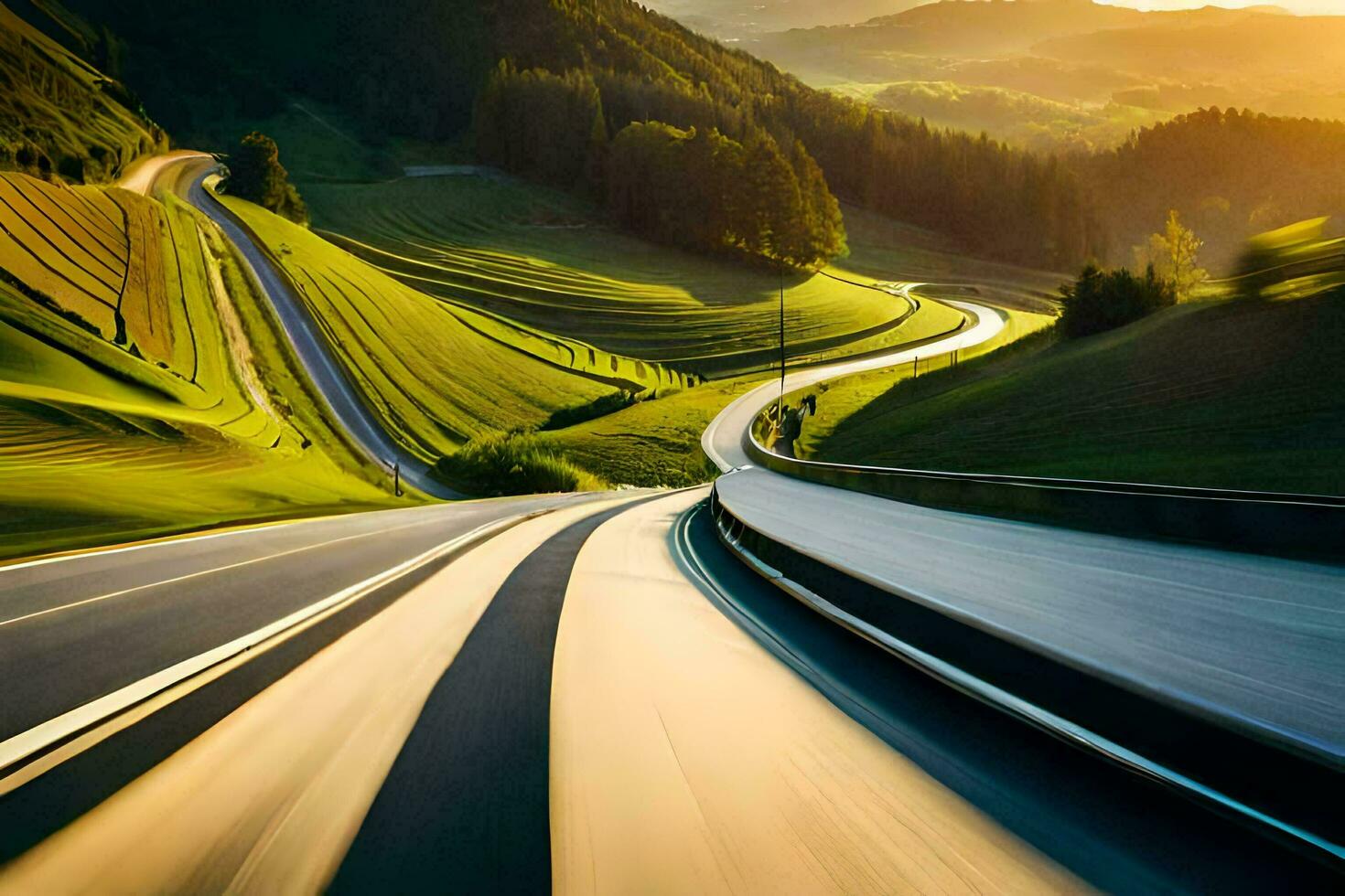 een auto het rijden Aan een snelweg met de zon instelling achter het. ai-gegenereerd foto