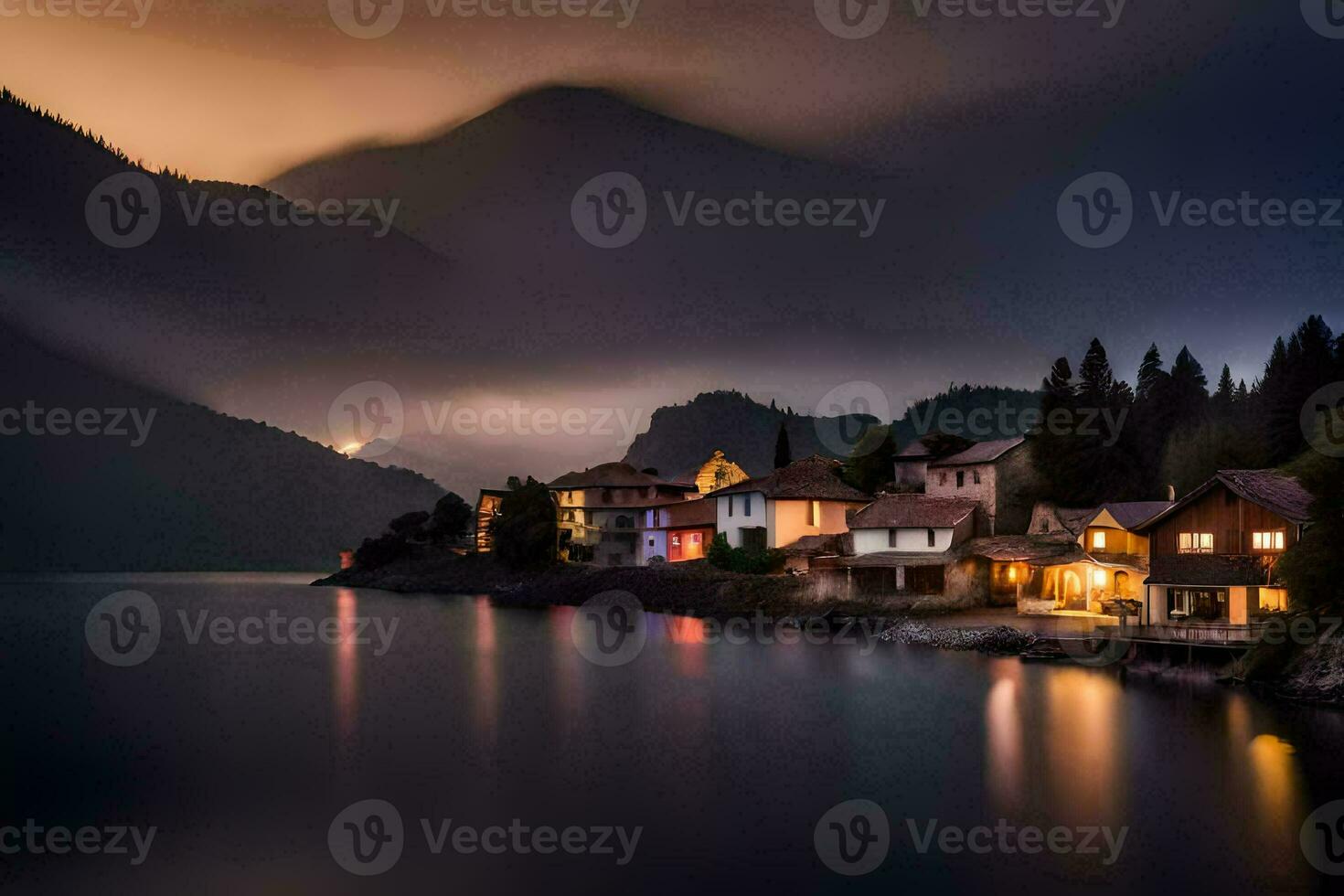 foto behang de lucht, mist, bergen, meer, huizen, de nacht, de meer,. ai-gegenereerd