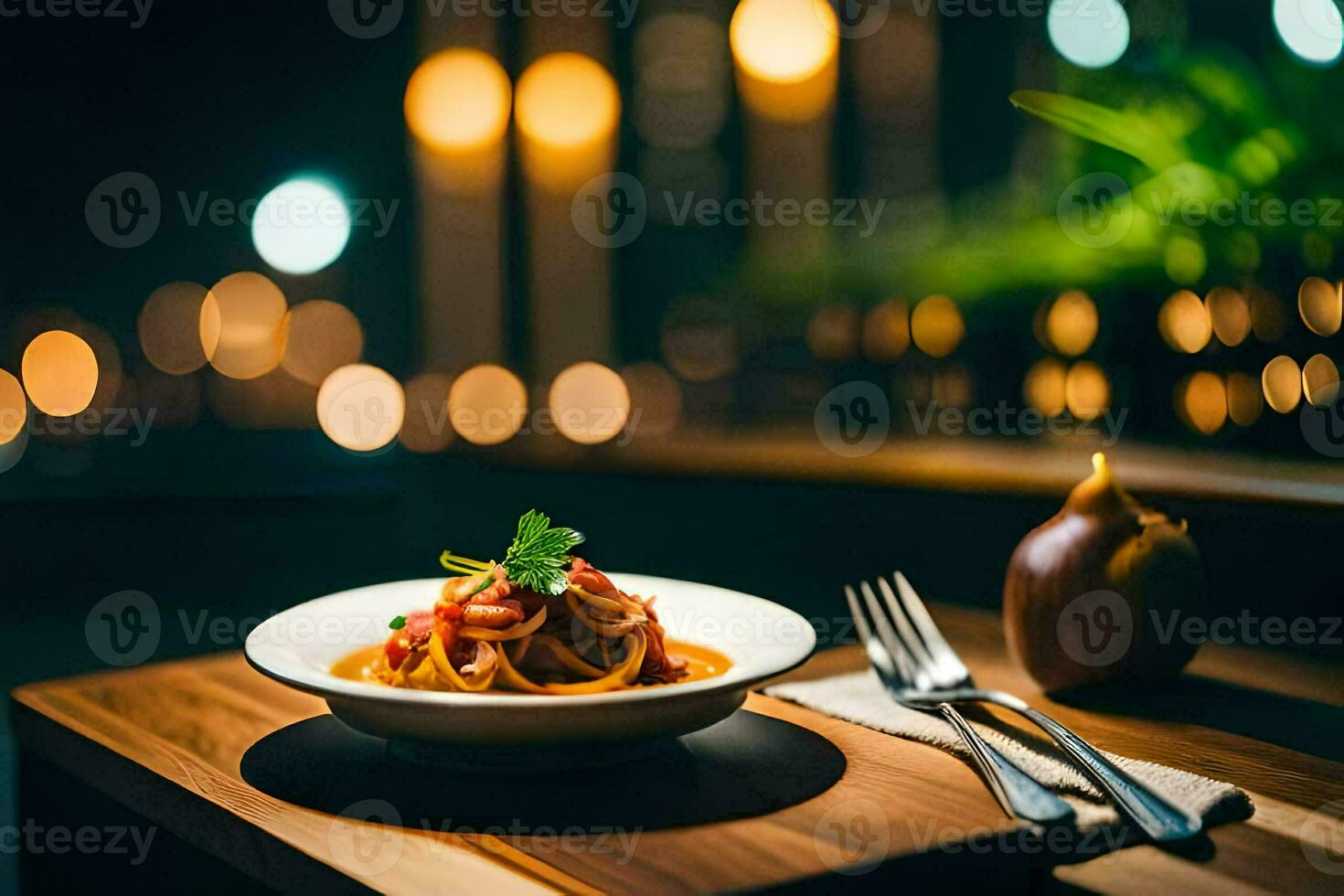 een bord van pasta met tomaat saus en een vork Aan een houten tafel. ai-gegenereerd foto