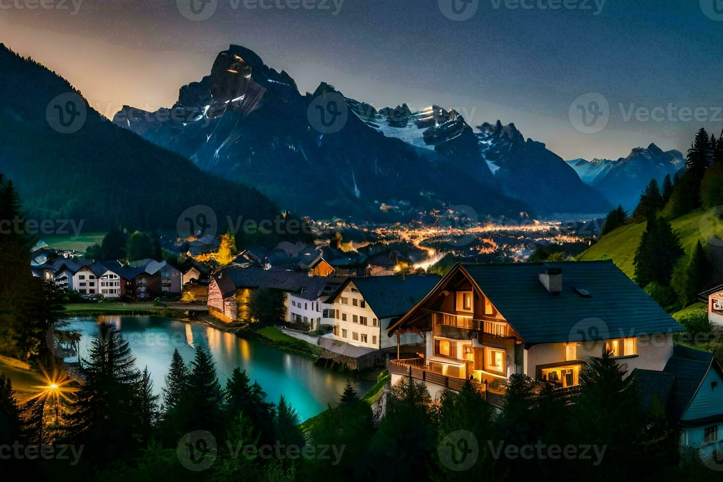 de dorp van alpin in de Alpen Bij schemering. ai-gegenereerd foto