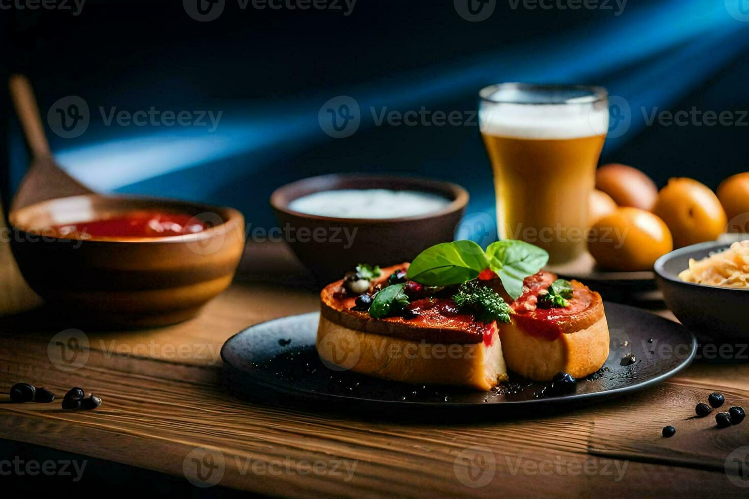 voedsel Aan een tafel met bier en andere borden. ai-gegenereerd foto