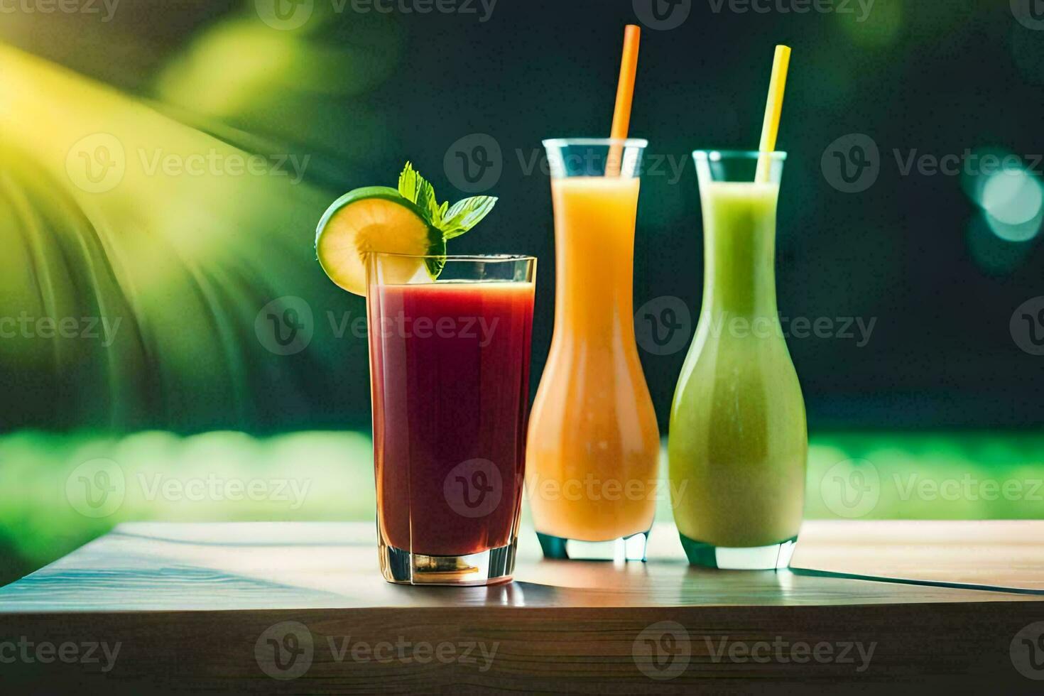 drie verschillend types van sappen zijn zittend Aan een tafel. ai-gegenereerd foto