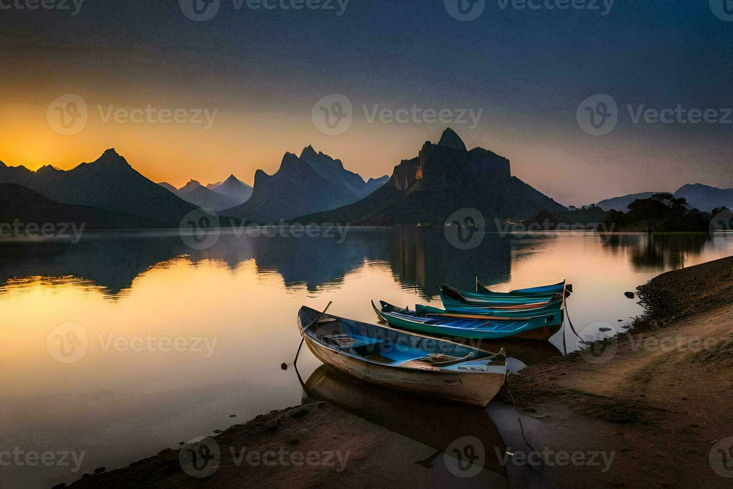 boten aangemeerd Aan de kust van een meer Bij zonsondergang. ai-gegenereerd foto