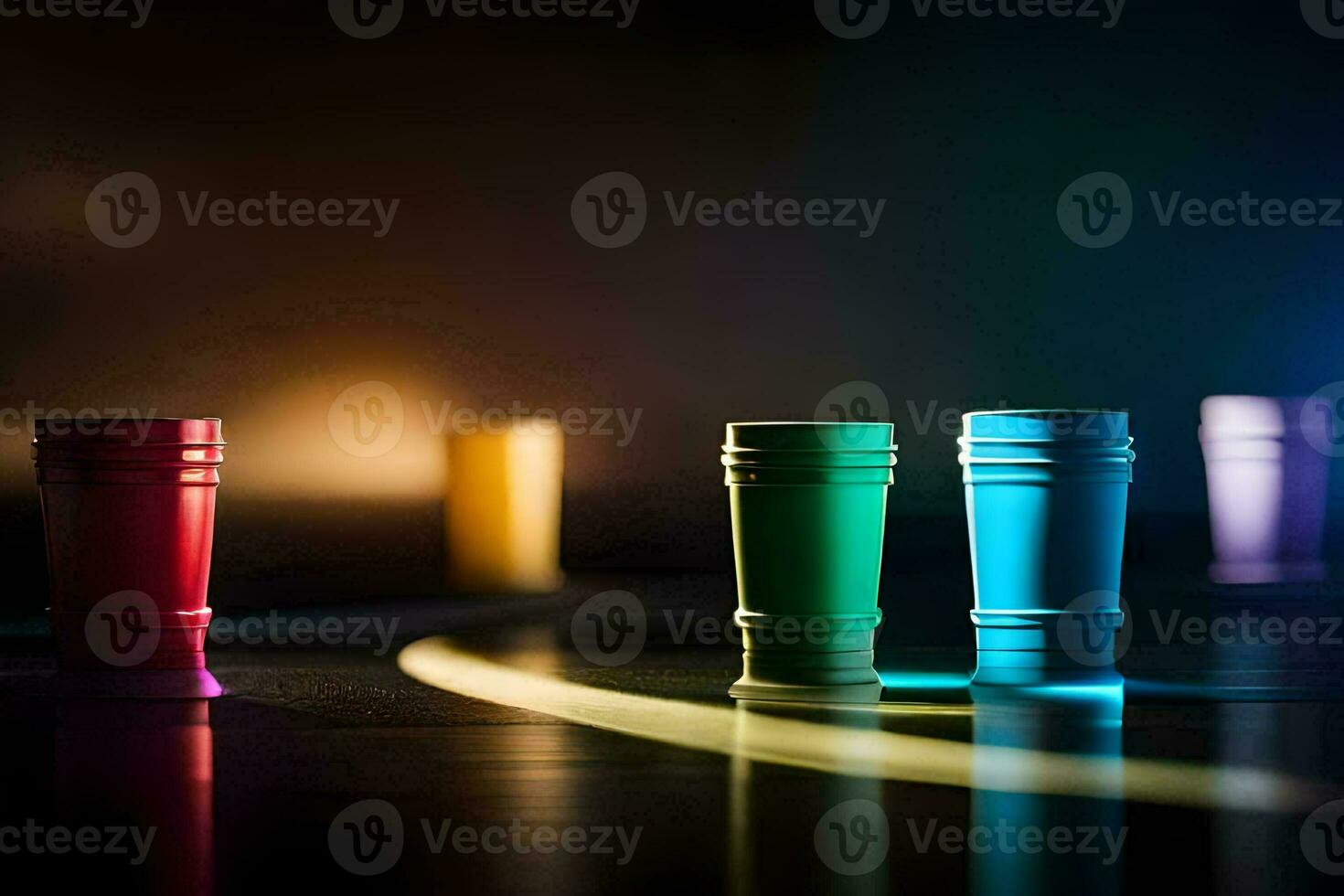 kleurrijk cups Aan een tafel met een licht schijnend Aan hen. ai-gegenereerd foto