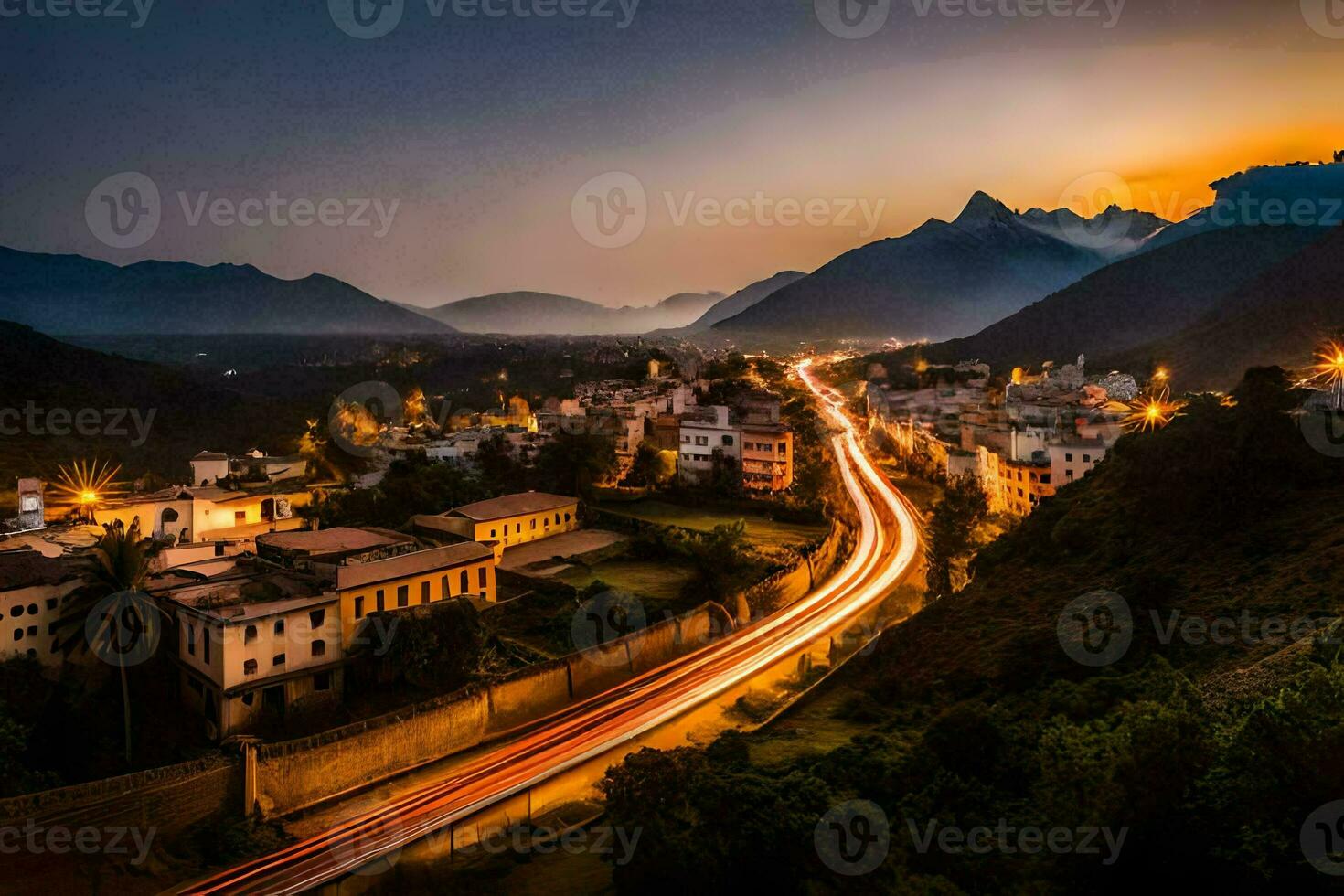 een stad Bij schemer met een lang blootstelling foto. ai-gegenereerd foto