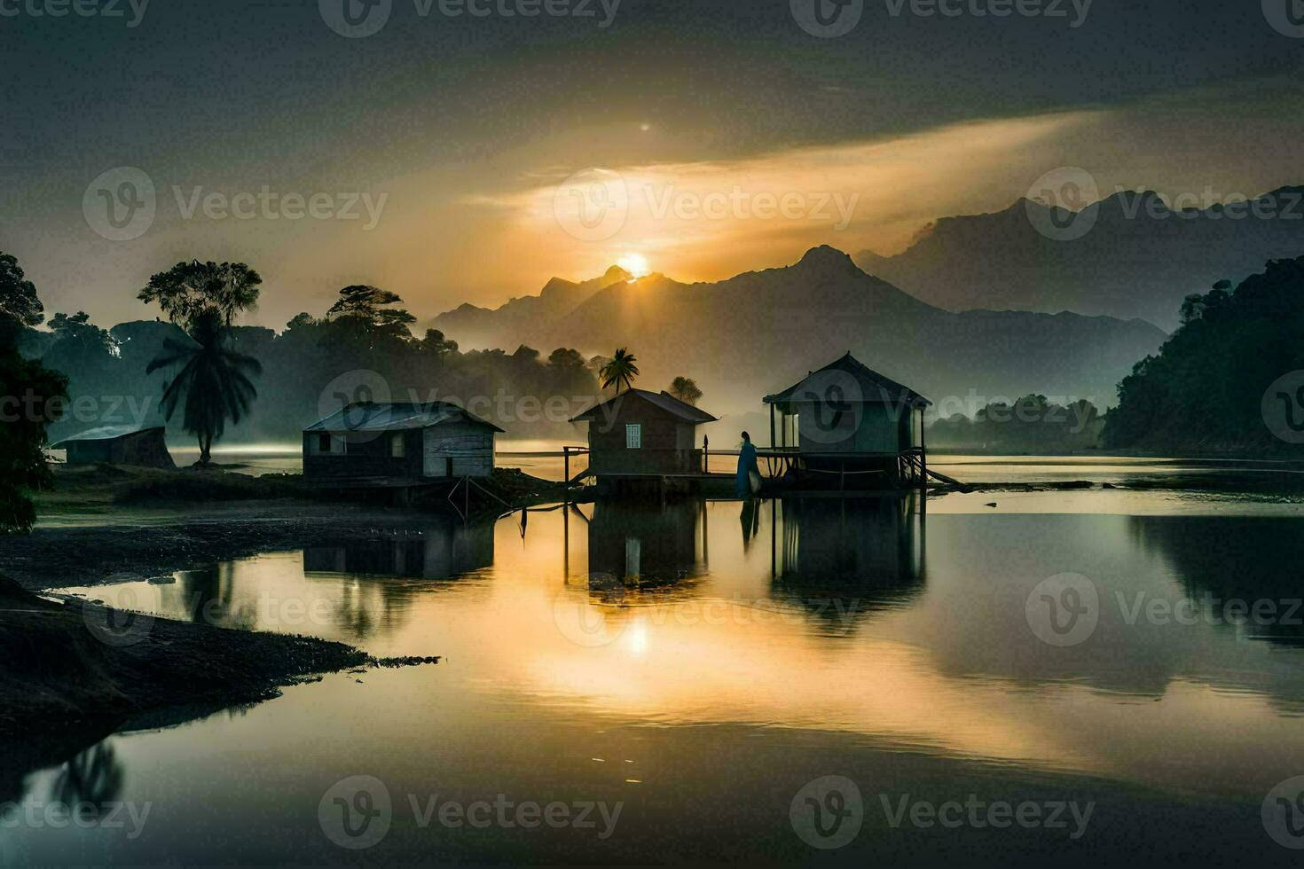 de zon stijgt over- de bergen en de water. ai-gegenereerd foto