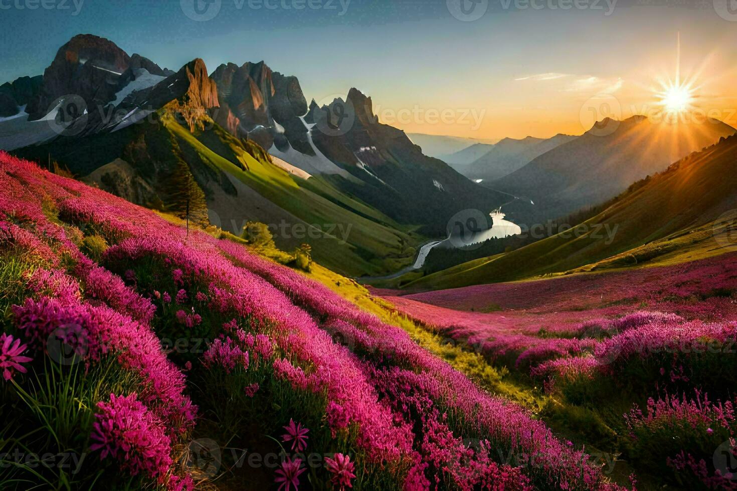 de zon stijgt over- de bergen en bloemen in de vallei. ai-gegenereerd foto