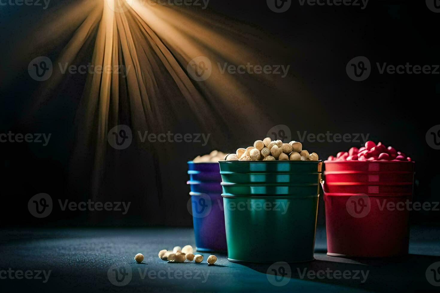 drie emmers van popcorn Aan een donker tafel. ai-gegenereerd foto