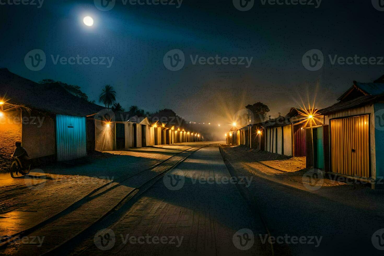 een lang weg Bij nacht met een vol maan in de achtergrond. ai-gegenereerd foto