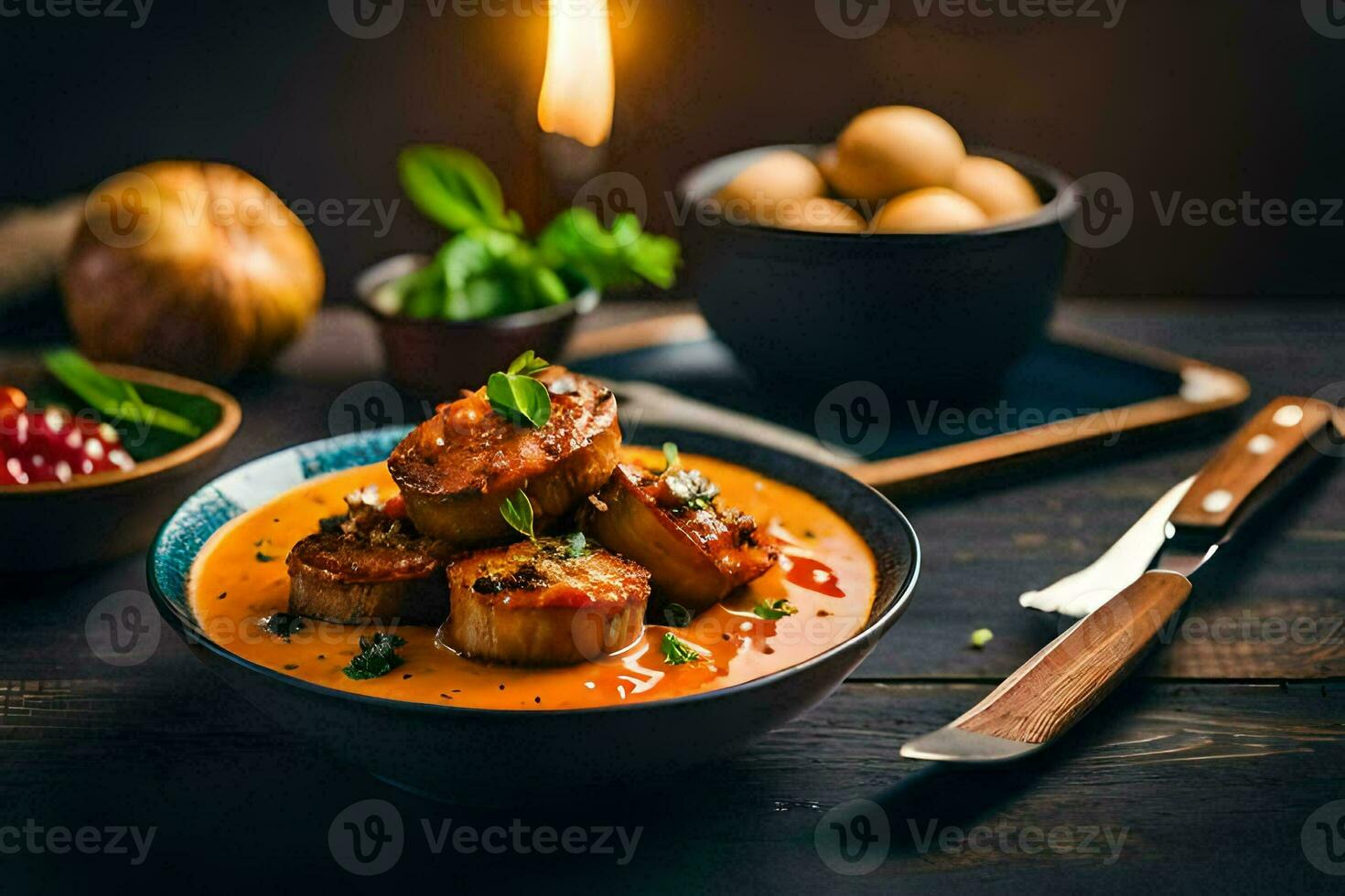 een kom van soep met vlees en groenten Aan een tafel. ai-gegenereerd foto