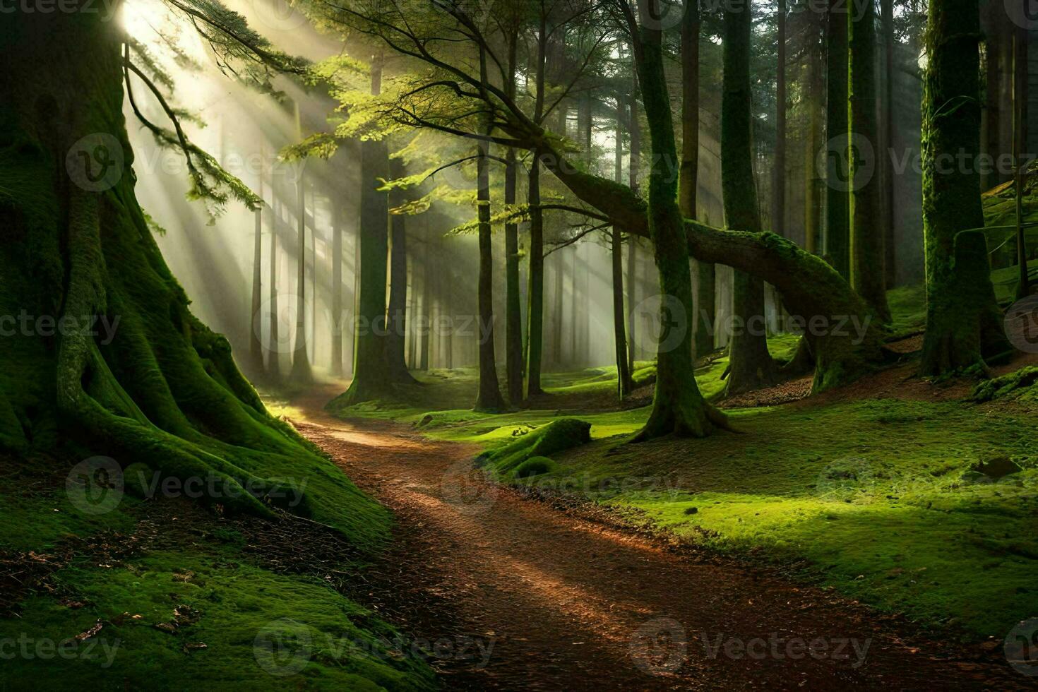 een pad door een Woud met bomen en mos. ai-gegenereerd foto