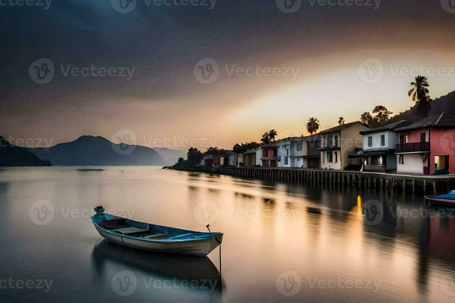 een boot zit Aan de water Bij zonsondergang. ai-gegenereerd foto