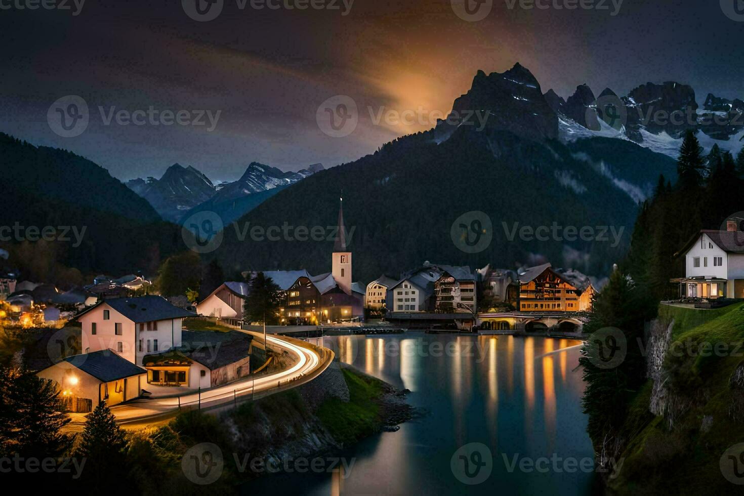 een stad- en rivier- in de bergen Bij nacht. ai-gegenereerd foto
