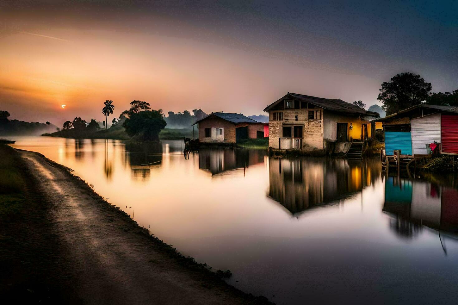 een rivier- Bij zonsondergang met huizen Aan de oever. ai-gegenereerd foto