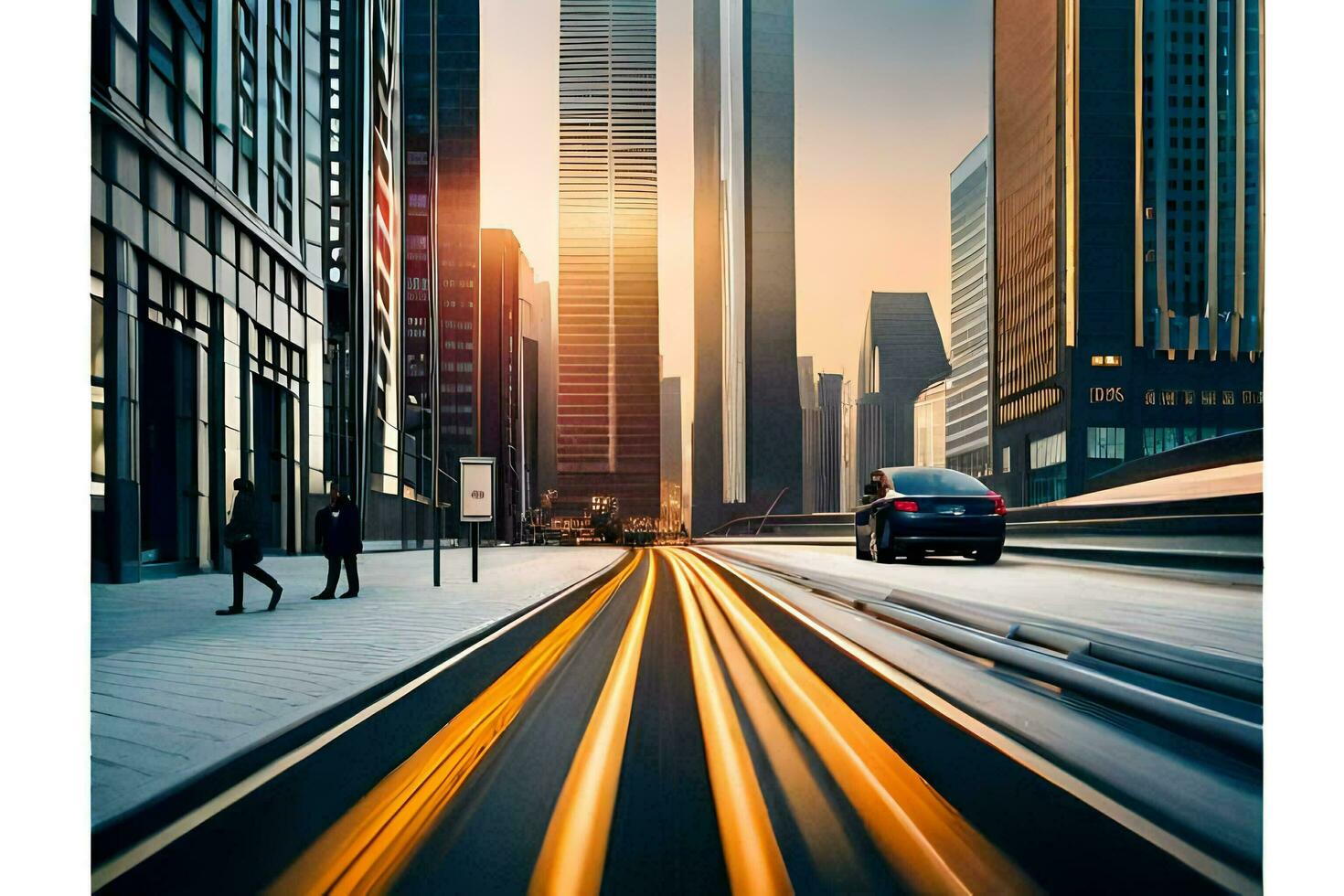 een auto het rijden naar beneden een stad straat met gebouwen in de achtergrond. ai-gegenereerd foto