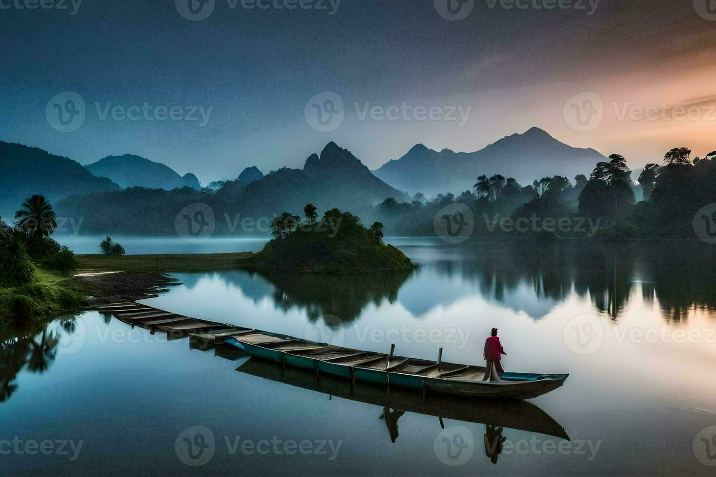 een Mens staat Aan een boot in de midden- van een meer Bij zonsopkomst. ai-gegenereerd foto