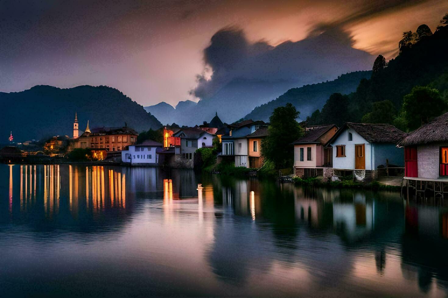 foto behang de lucht, bergen, meer, huizen, de donker, de lucht, de bergen. ai-gegenereerd