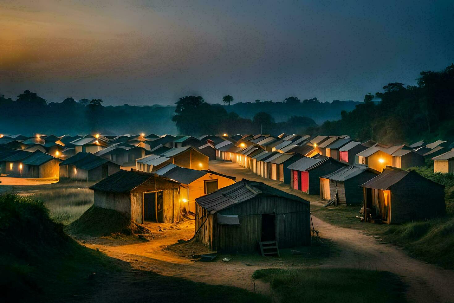 een dorp Bij schemer met veel hutten. ai-gegenereerd foto