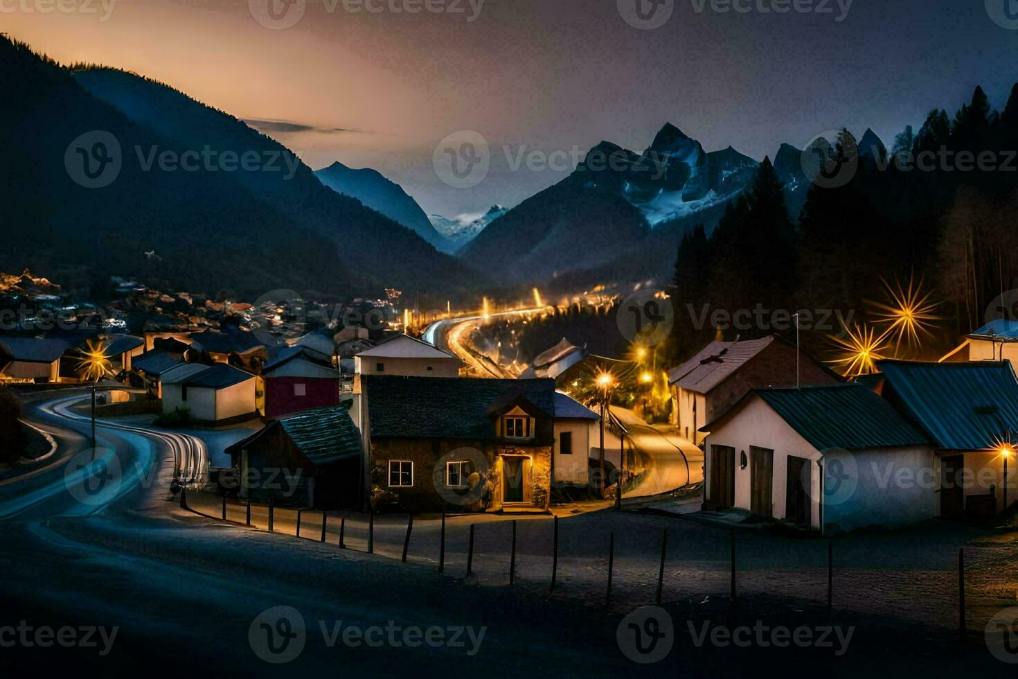 een stad- Bij nacht met lichten Aan de weg. ai-gegenereerd foto