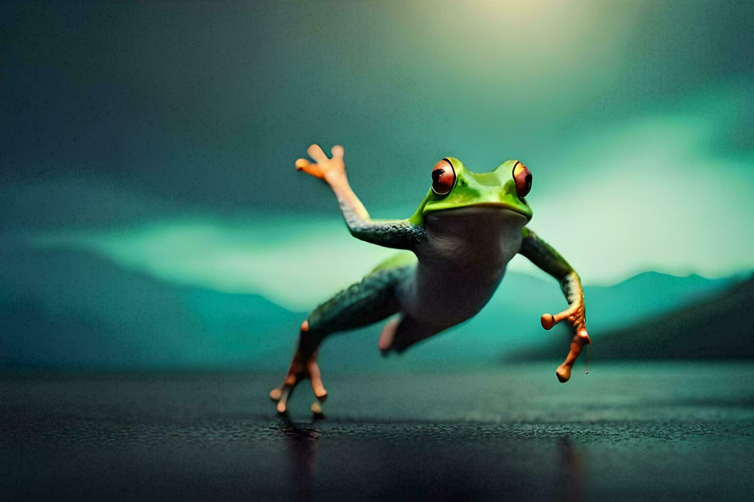 een kikker jumping in de lucht met haar poten verspreiding. ai-gegenereerd foto