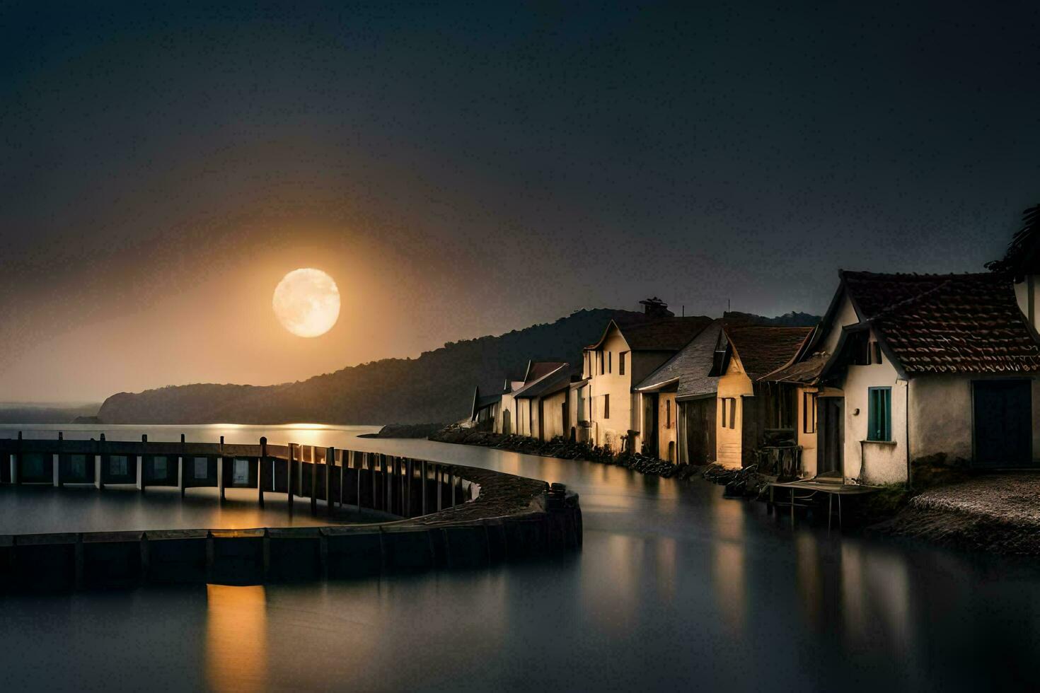 een vol maan stijgt over- een klein stad- Aan de water. ai-gegenereerd foto