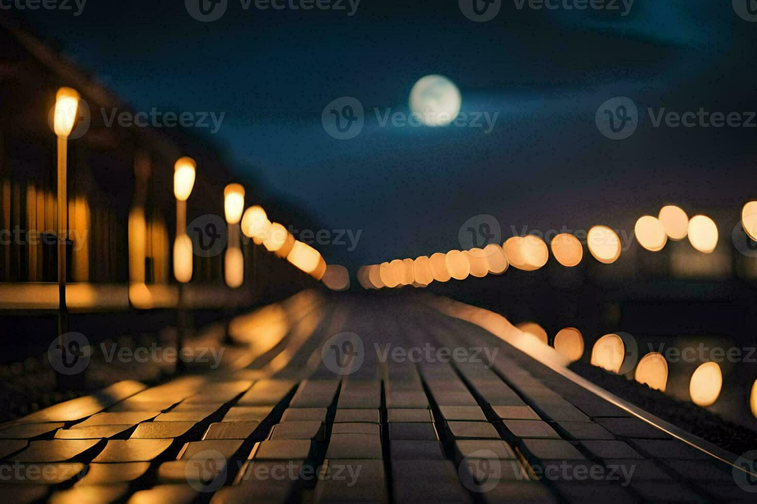 een lang houten loopbrug met lichten Aan het Bij nacht. ai-gegenereerd foto