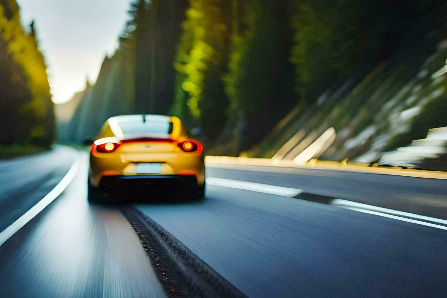 een auto het rijden naar beneden een weg in de bossen. ai-gegenereerd foto