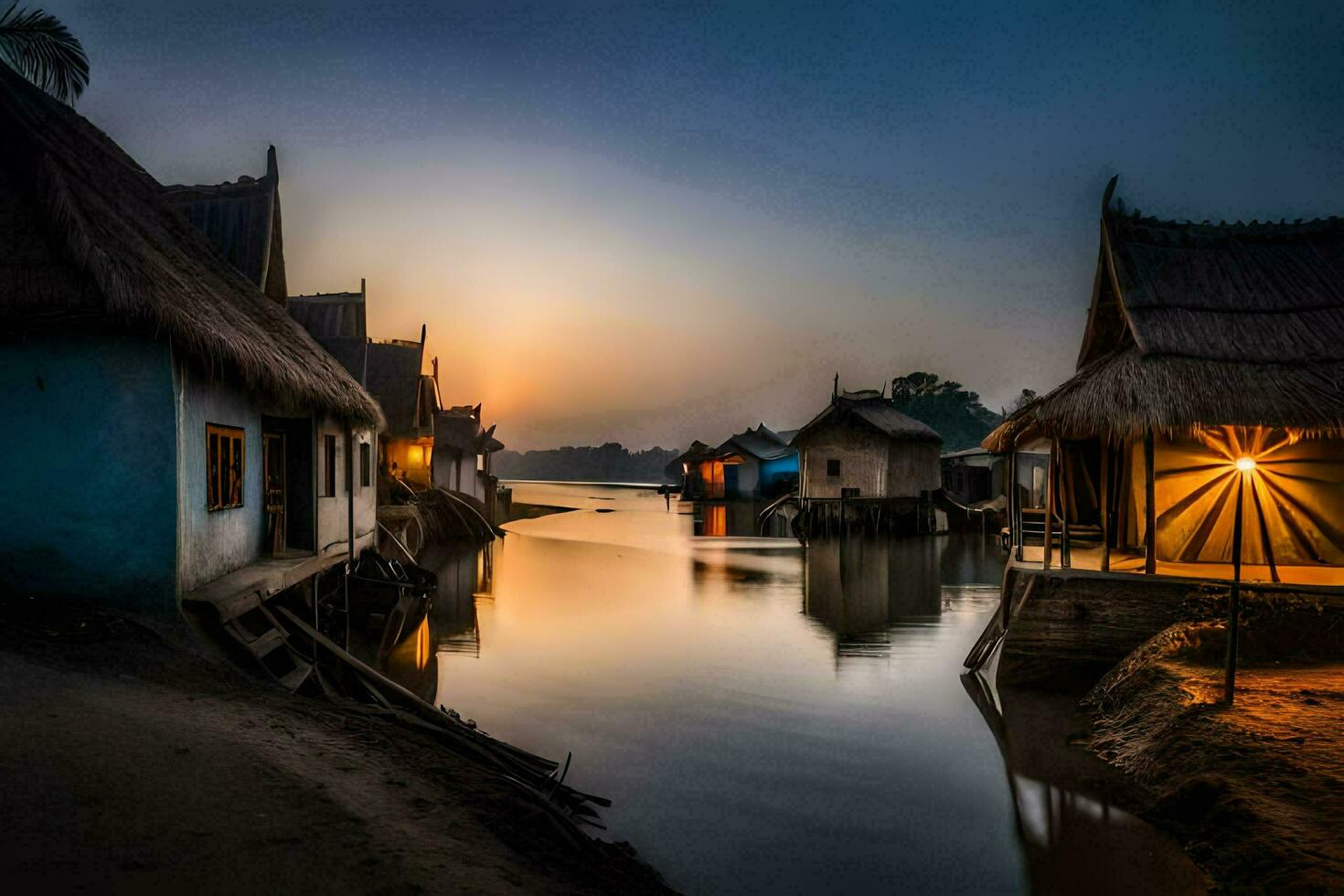 een rivier- in de dorp Bij zonsondergang. ai-gegenereerd foto