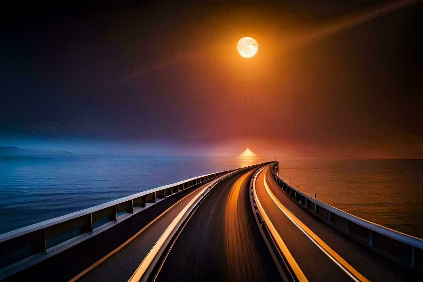 een lang brug met een helder maan in de lucht. ai-gegenereerd foto