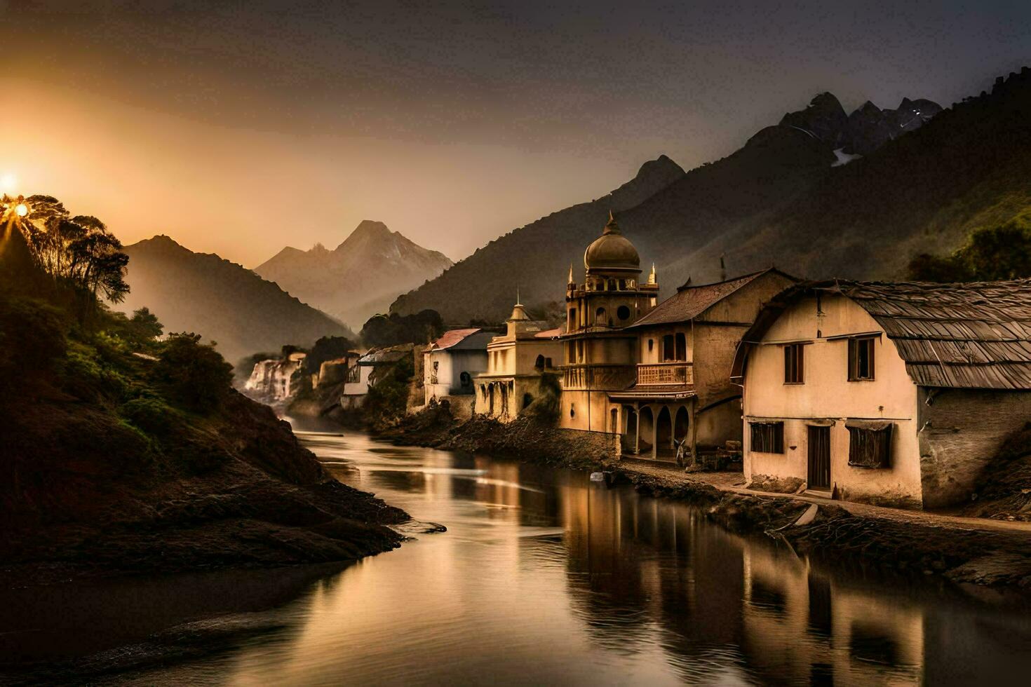 foto behang de lucht, bergen, rivier, huizen, zonsondergang, de bergen, Indië. ai-gegenereerd