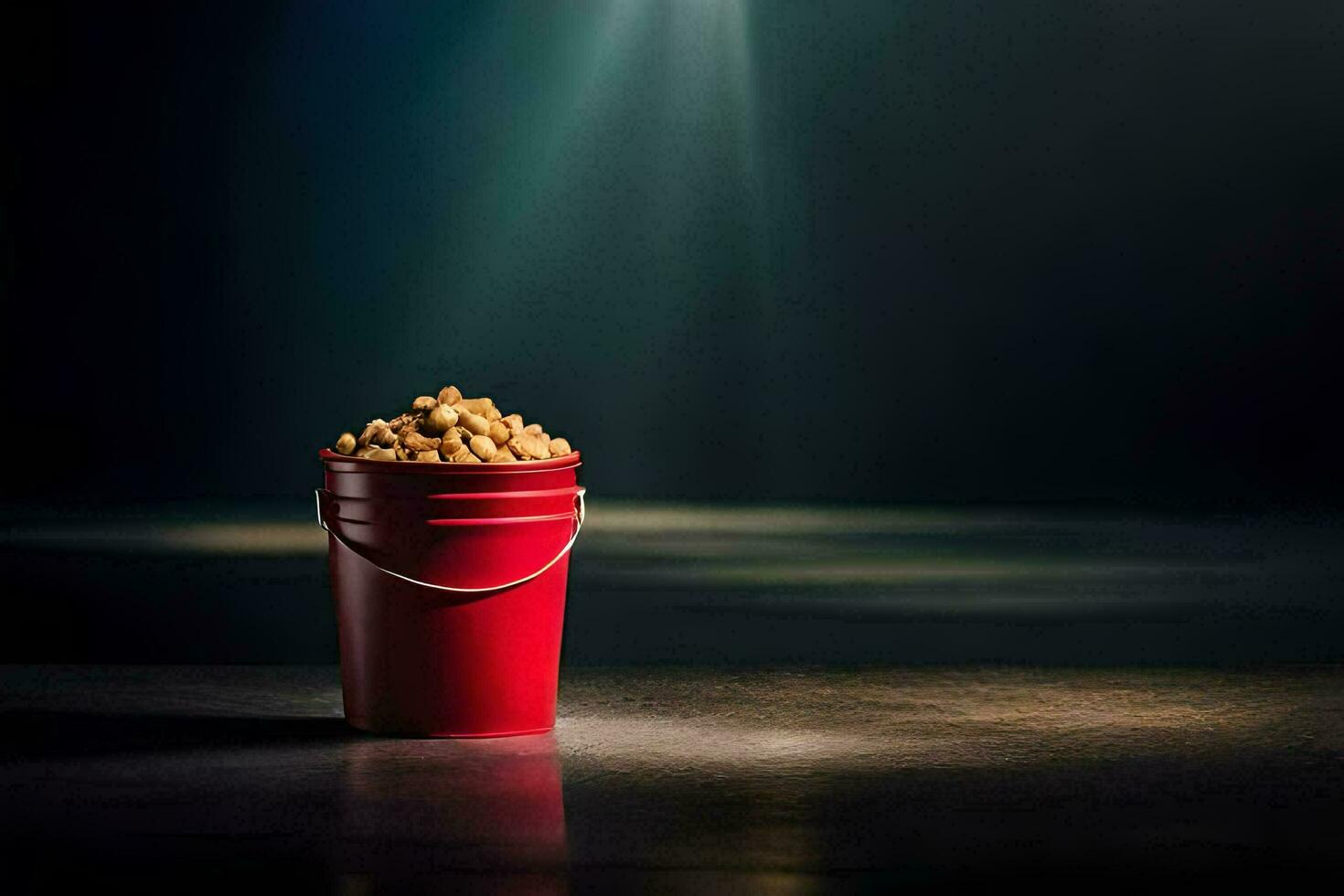 een emmer van popcorn Aan een tafel in voorkant van een schijnwerper. ai-gegenereerd foto