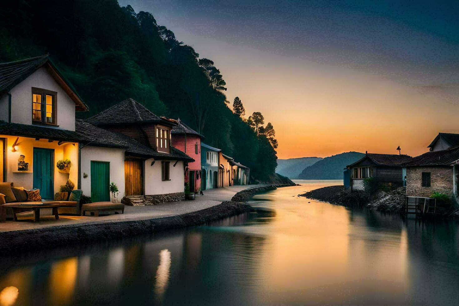 een rivier- loopt door een dorp Bij zonsondergang. ai-gegenereerd foto