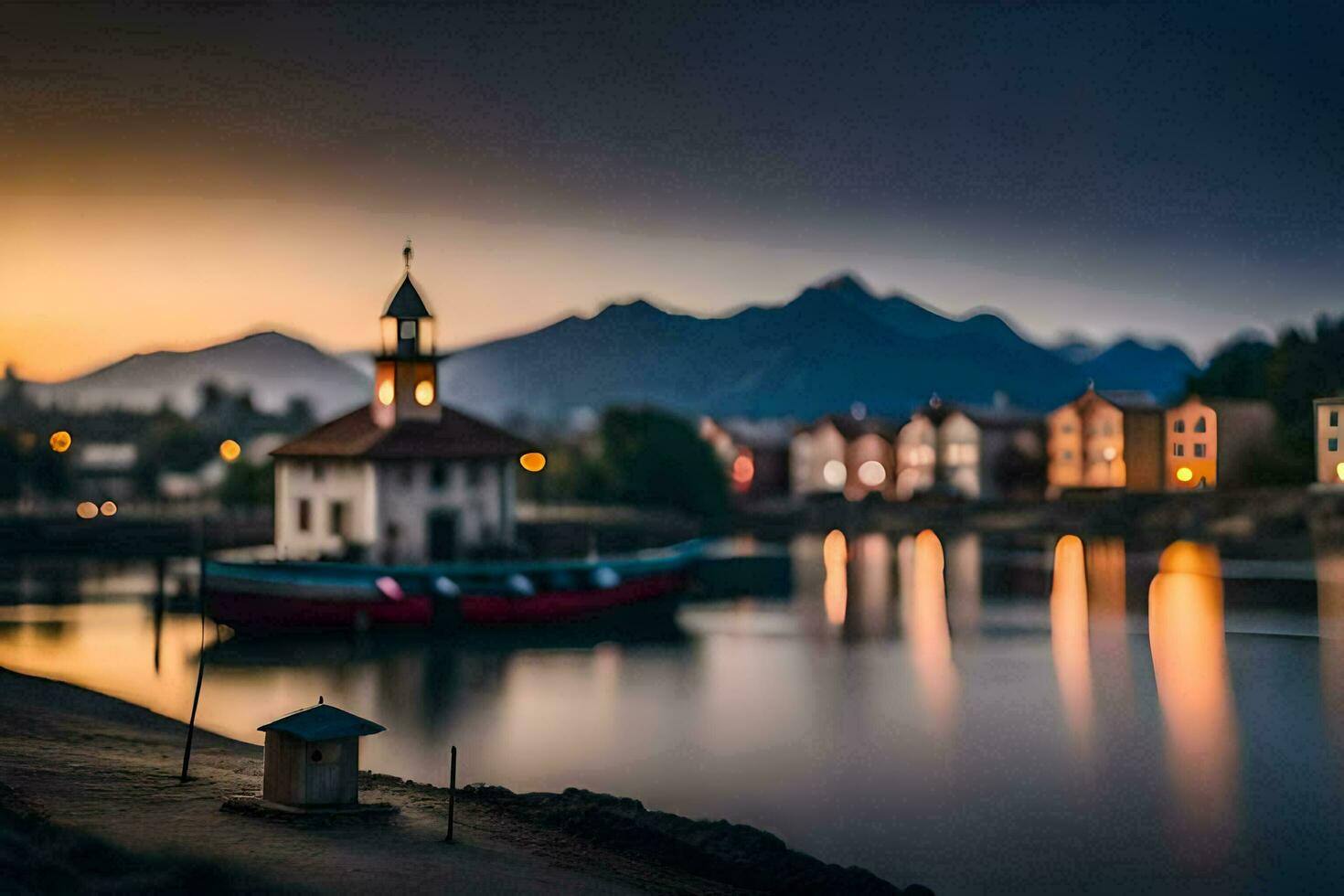 een boot zit Aan de water in voorkant van een berg. ai-gegenereerd foto