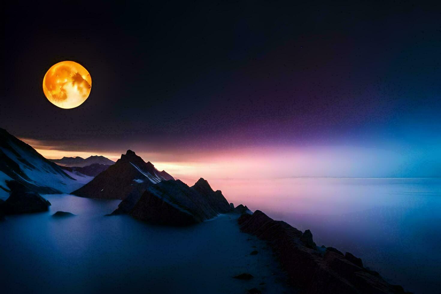 de maan is schijnend helder over- de oceaan. ai-gegenereerd foto