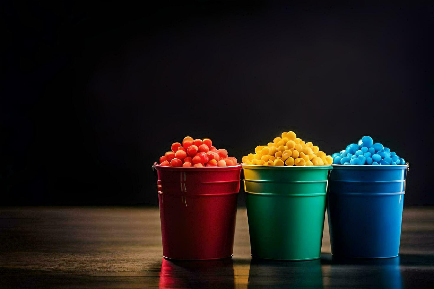 drie kleurrijk cups met verschillend gekleurde snoep in hen. ai-gegenereerd foto