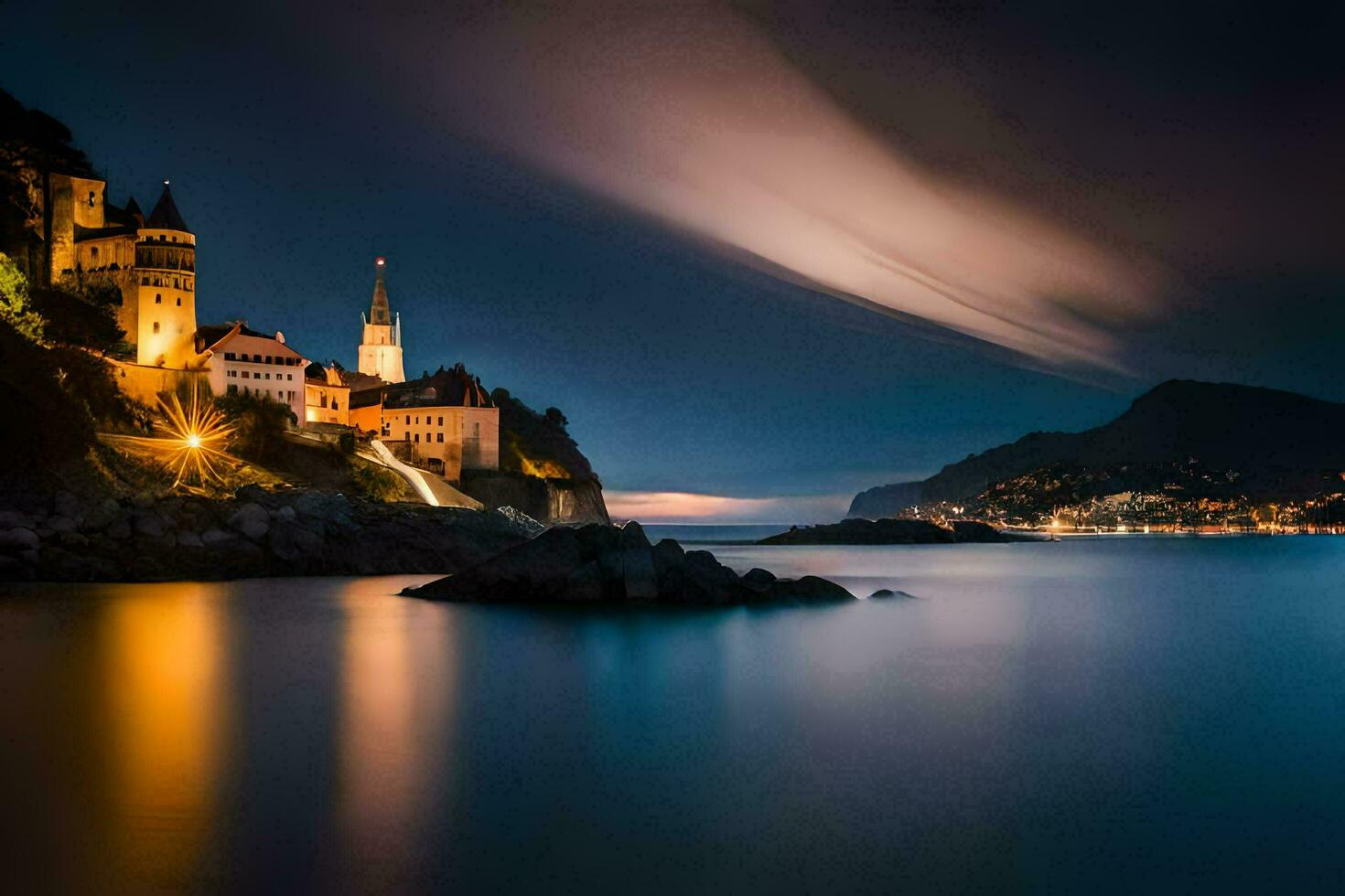 een kasteel zit Aan de kust van een lichaam van water Bij nacht. ai-gegenereerd foto