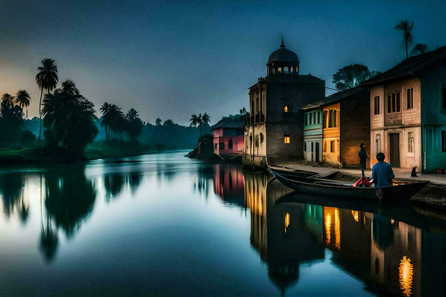 een Mens zit in een boot Aan een rivier- Bij schemering. ai-gegenereerd foto