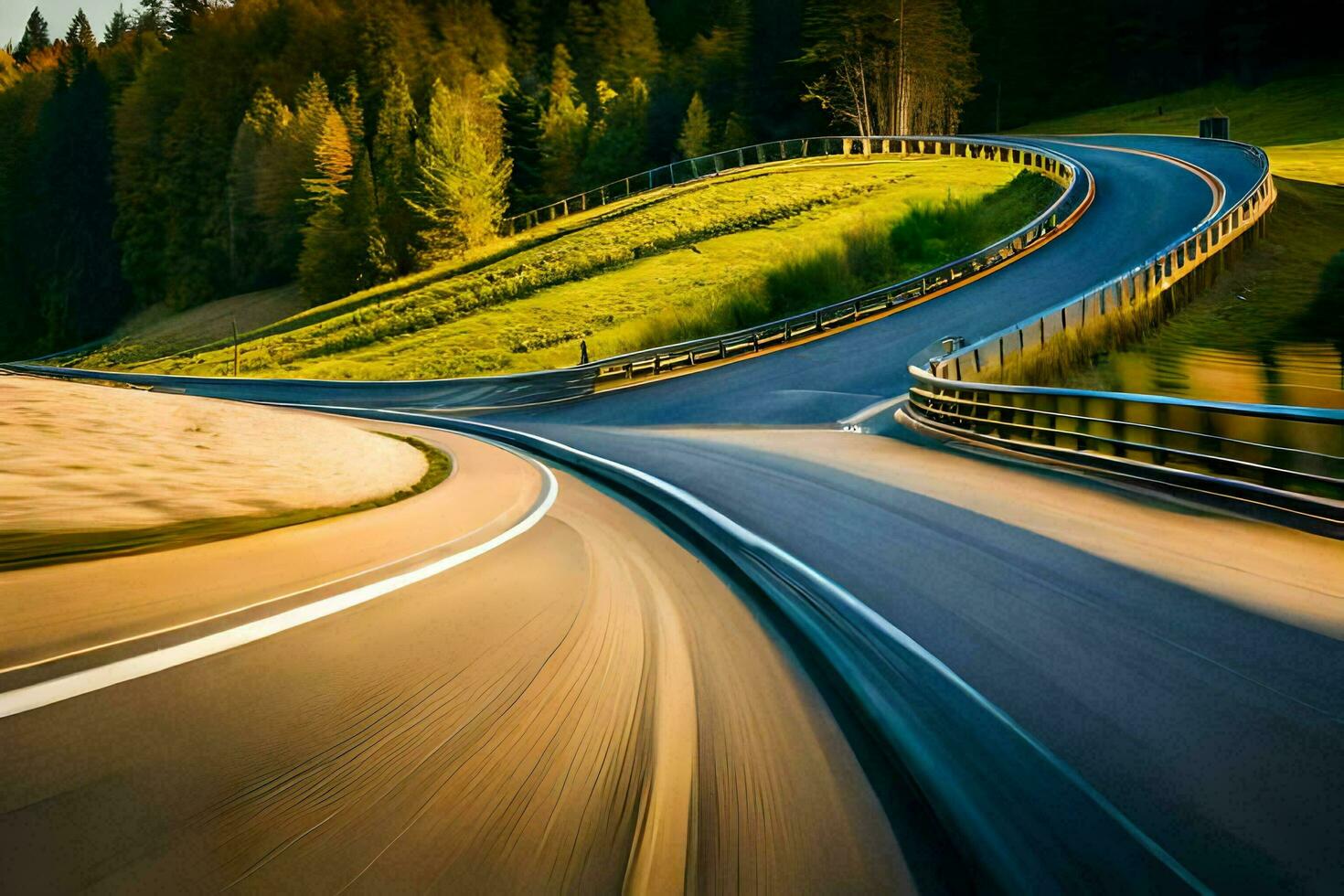 een auto het rijden Aan een kronkelend weg in de bergen. ai-gegenereerd foto