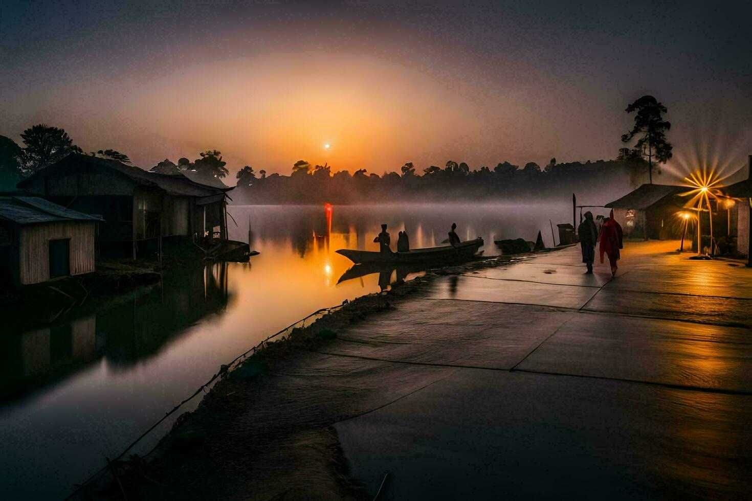 een Mens en vrouw wandelen langs een pad in de buurt een rivier- Bij zonsopkomst. ai-gegenereerd foto