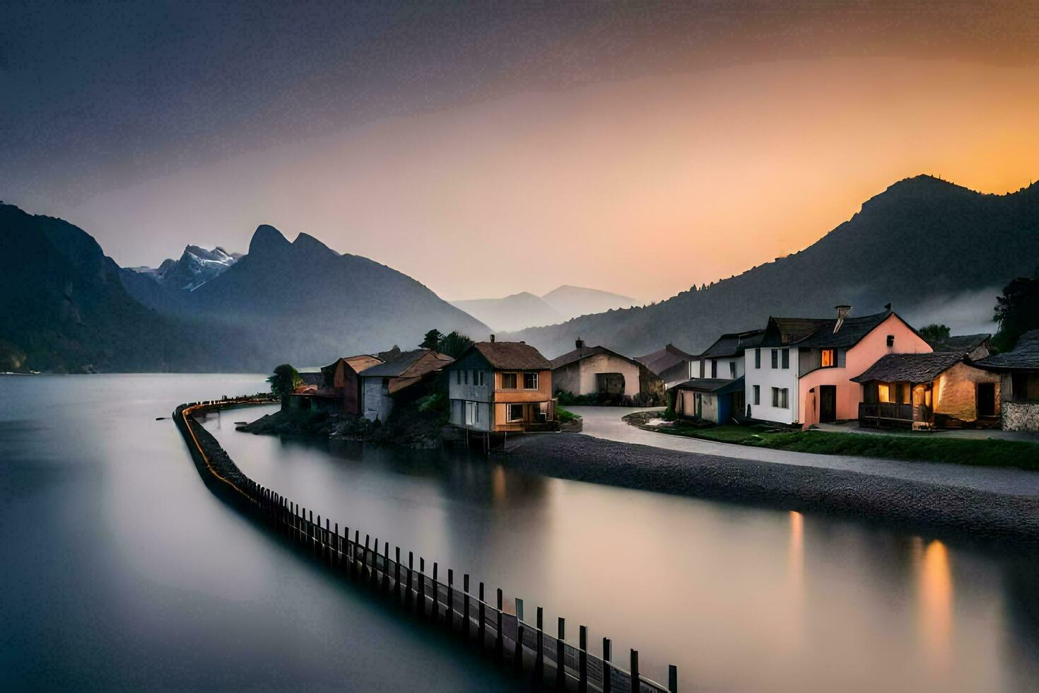 een meer en huizen in de bergen Bij zonsondergang. ai-gegenereerd foto