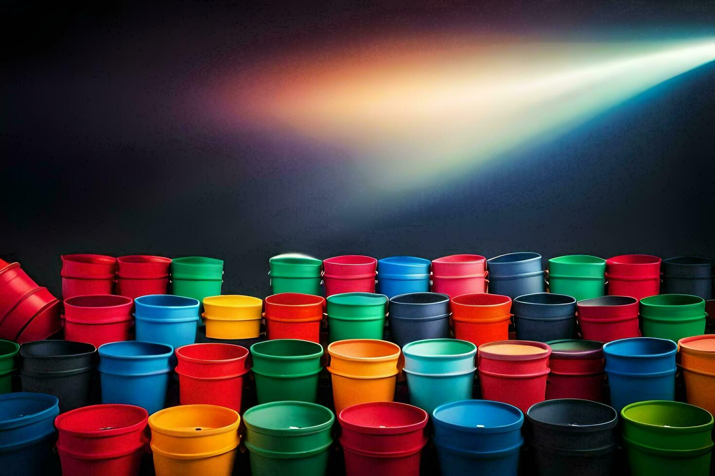 veel kleurrijk plastic cups zijn geregeld in een rij. ai-gegenereerd foto